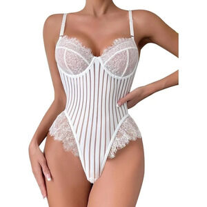 Woman White Lace Bodysuit Sexy Teddy Lingerie Bodysuit Eyelash Stripes